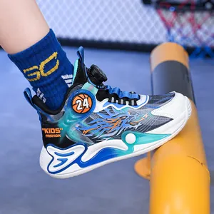 Boys breathable mesh basketball shoes with rotary buckle for kids aged 6-12 years