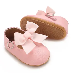Adorables chaussures de princesse rose en cuir PU pour bébé avec semelle souple et nœud