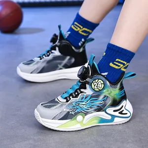 High-top breathable boys basketball shoes with rotary buckle for kids aged 6-12 years