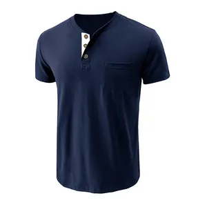 Detail of navy blue slim fit men's short-sleeve Henley shirt with chest pocket