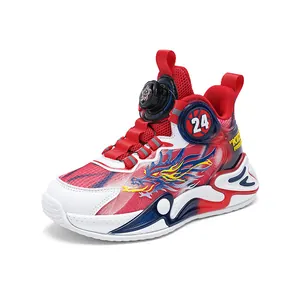 Boys' basketball shoes with dragon pattern and rotating buckle, red and white design.