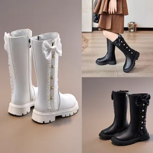Girls Princess High Boots Bowknot Artificial Pearl Side Zipper Martin Boots Synthetic Leather Non-slip Autumn Performance Shoes