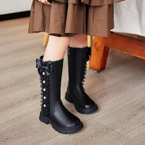 Elegant girls' black high-top Martin boots with bow and pearl details for autumn