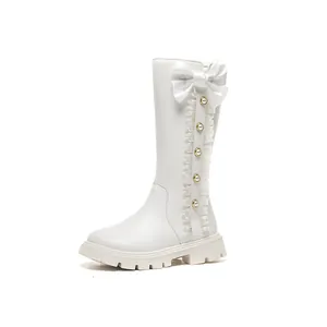 Elegant white girls' knee-high boots with side bow decoration and pearl details