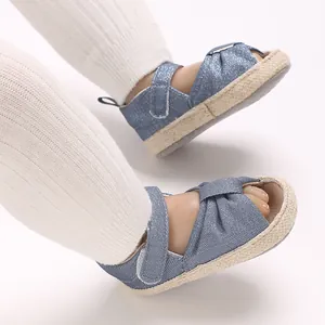 Close-up of shimmer blue baby sandals with adjustable velcro and woven sole detail