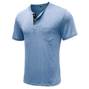 Men's slim-fit short-sleeved Henley T-shirt in blue with chest pocket and button neck