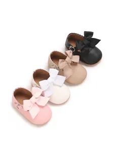 Collection of stylish infant PU leather princess shoes featuring large elegant bow details