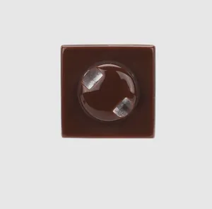 Detailed macro view of a glossy dark brown square shell button for women's apparel