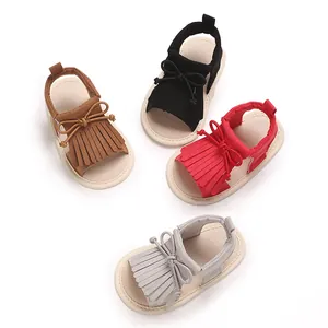 Soft sole baby girl sandals with decorative fringe and bow in multiple colors