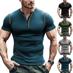 Herren Henley T-Shirt Polyester Waffelstruktur Kurzarm Slim Fit Top Mit Kontrastnähten Lässiges Muskel-Tee