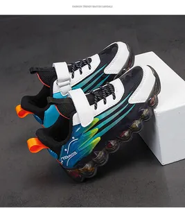 Detailed side view of stylish kids running shoes featuring gradient colors and velcro strap