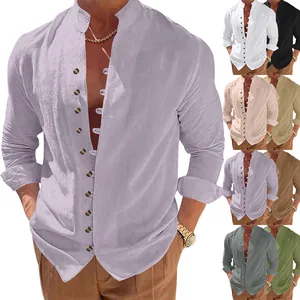 Men's vintage casual linen long-sleeve shirt with band collar available in multiple colors.