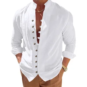 Detail view of a men's white linen long sleeve shirt featuring a row of dark buttons