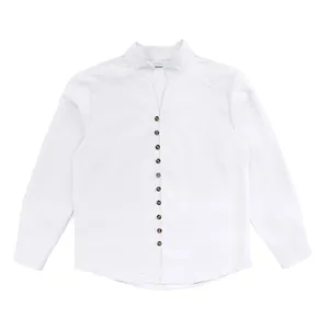 Men's vintage white linen long-sleeved shirt with mandarin collar and wood buttons
