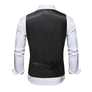 Detailed back view of a black men's formal waistcoat with an adjustable buckle strap