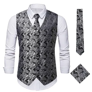 Detailed view of men's silver paisley jacquard vest set with matching tie and pocket square