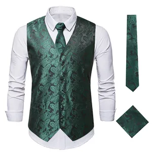 Premium men's dark green paisley waistcoat set including matching tie and pocket square