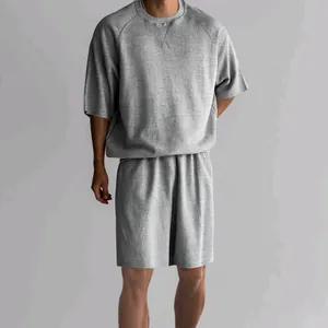 Close-up detail of a men's grey terry cloth casual two-piece summer leisure set