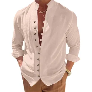 Detail view of men's beige linen casual shirt featuring stand collar and buttons