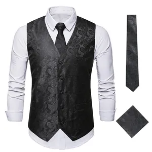 Men's black paisley waistcoat vest set with matching tie and pocket square