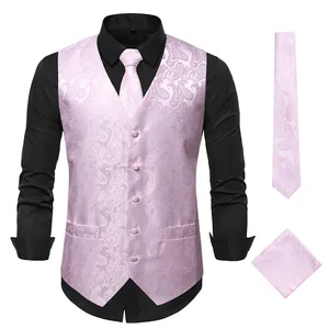 Elegant pink paisley embroidered men's vest set including matching tie and pocket square