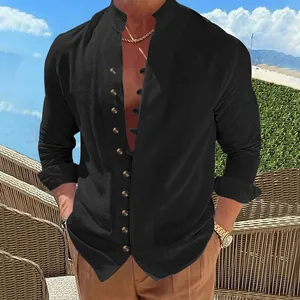 Detailed view of a men's retro black linen button-up shirt in a casual loose fit
