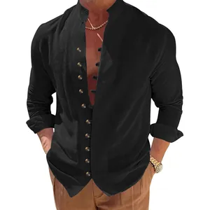 Close-up detail of men's vintage black linen shirt featuring elegant wooden buttons