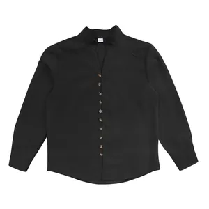 Close-up detail of a men's retro black linen casual loose-fit long sleeve shirt
