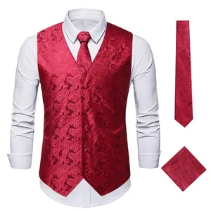 Red paisley vest with matching necktie and pocket square three-piece set for men