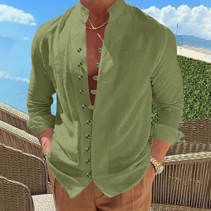 Close-up view of a men's vintage olive green linen shirt with stylish button detailing