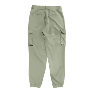 Rear view of men's sage green multi-pocket cargo pants with jogger cuffs.