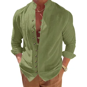 Close-up of men's retro army green linen casual shirt with button-up stand collar detail