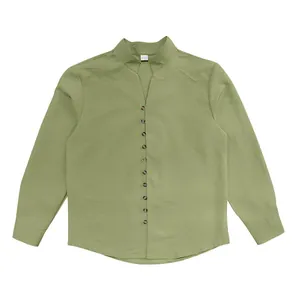 Detail of olive green linen long-sleeve shirt with mandarin collar and buttons for men
