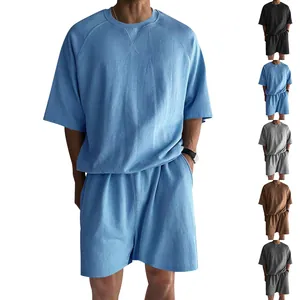 Men's Casual Summer Two Piece Set Short Sleeve Raglan T-Shirt And Shorts French Terry Cotton Blend Sporty Loose Top And Bottom