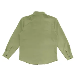 Back view detail of a sage green long-sleeved linen shirt showing soft fabric texture
