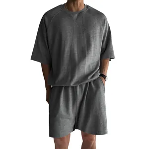 Men's casual terry cloth two-piece set with short sleeve t-shirt and shorts