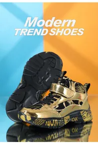 Stylish boys high-top sneakers in metallic gold and black with durable rubber soles