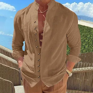 Detail view of a men's vintage brown linen long-sleeved shirt with stand collar