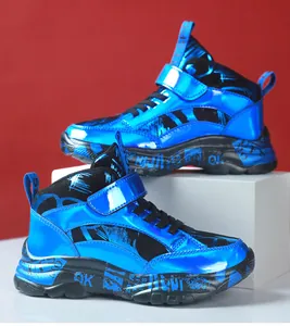 Stylish blue boys high-top sneakers with vibrant street graffiti patterns for kids