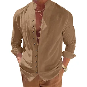 Vintage style khaki brown men's linen long sleeve shirt with casual loose fit design