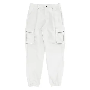 Men's white cargo jogger pants with multiple pockets and elastic cuffs detail view