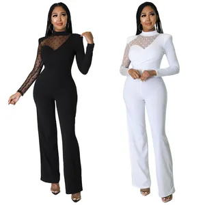 Combinaison Patchwork En Maille À Pois Pour Femmes Élégante Manches Longues Jambe Droite Sexy Taille Haute Tenue Une Pièce