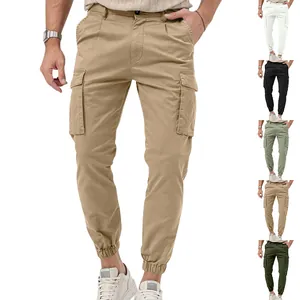 Detail showing color variants for men's multi-pocket cargo jogger pants in khaki and more