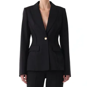 Elegant black blazer featuring a luxury gold enamel button decoration for women.
