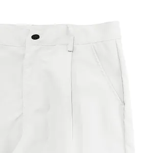 Close-up detail of white men's casual cargo trousers featuring waist button and side pocket