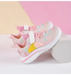 Lightweight pink mesh breathable sports shoes for girls with secure velcro straps for running