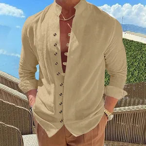 Vintage khaki linen casual shirt for men featuring a stand collar and button-down front