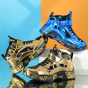 Boys High Top Sneakers Metallic Leather Kids Sports Shoes Graffiti Print Hook And Loop Warm Running Shoes For School Outdoor