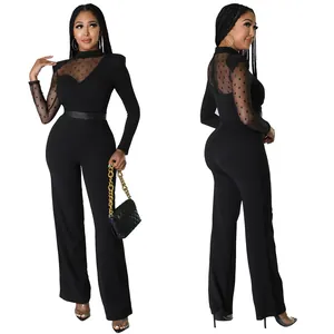 Combinaison noire élégante à manches longues avec maille à pois et jambe large