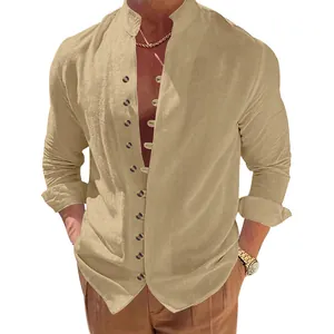 Detailed view of men's vintage khaki linen casual long sleeve shirt with buttons